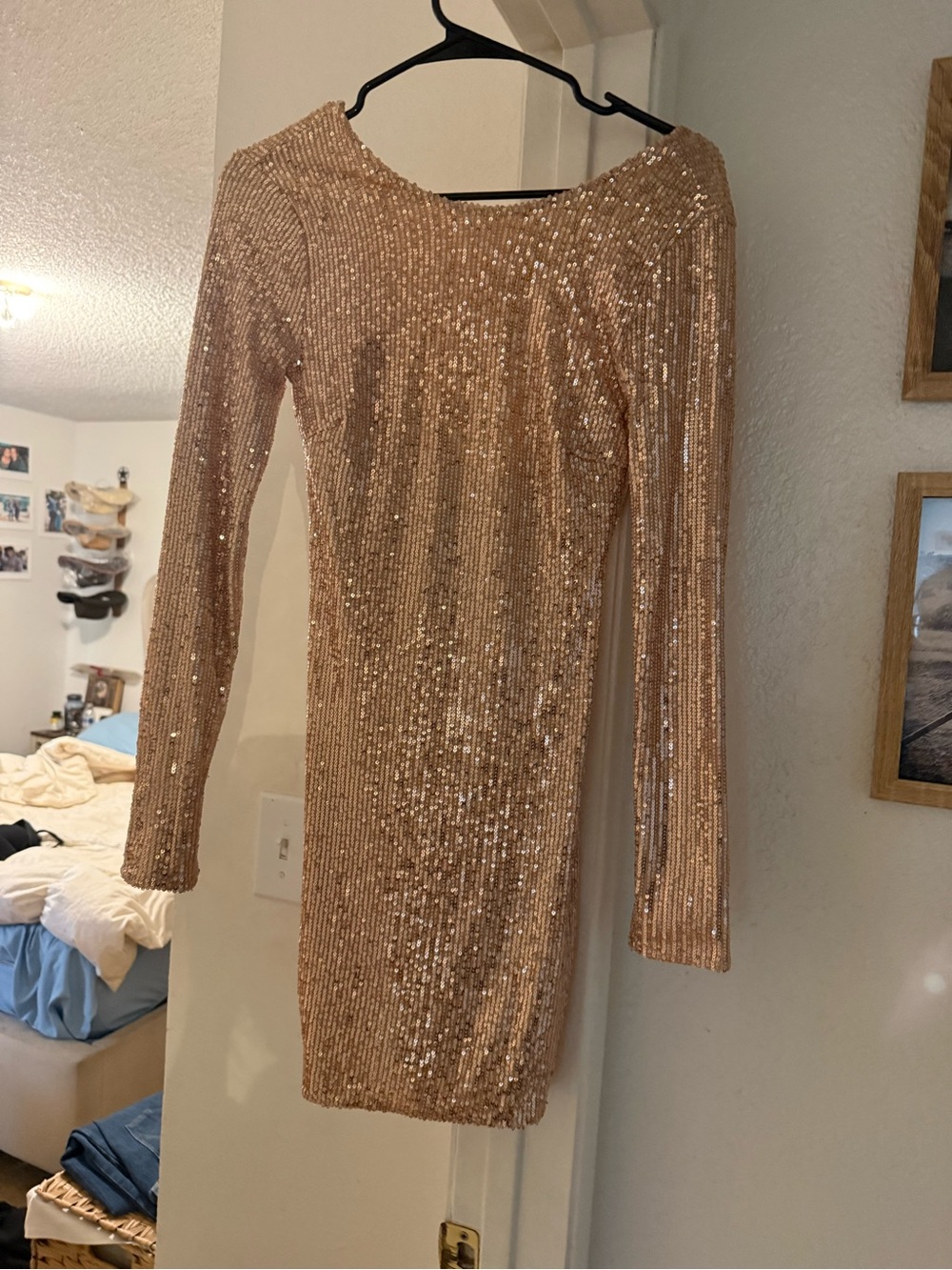 Fashion Nova Rose Gold Sequin Long-Sleeve Bodycon Dress